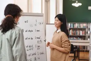 Home 6 Asian Woman Teaching Chinese Standing By Whiteboard