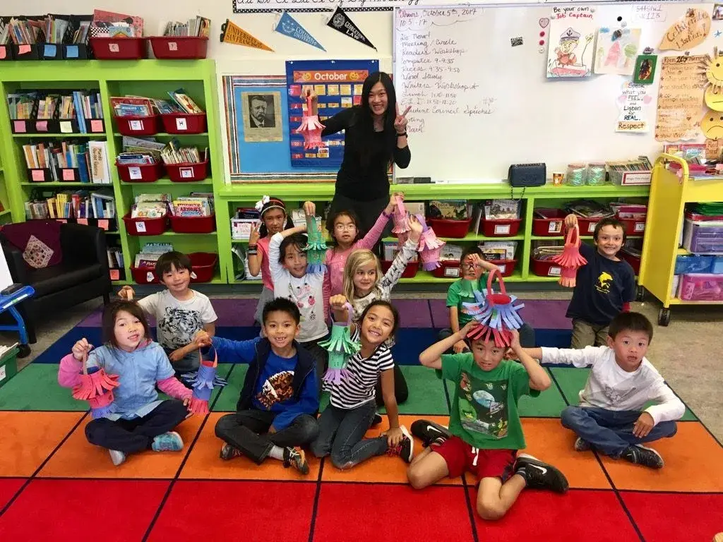 Everyday Mandarin teacher leading young students in an after-school Mandarin class at Francis Scott Key Elementary in San Francisco